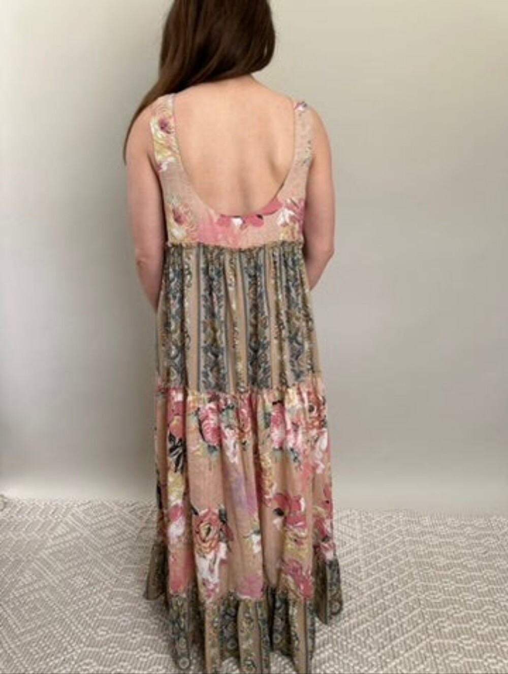 NWT Davi & Dani 1XL Boho Floral Tiered Maxi Dress in Blush and Tan - Picture 3 of 11